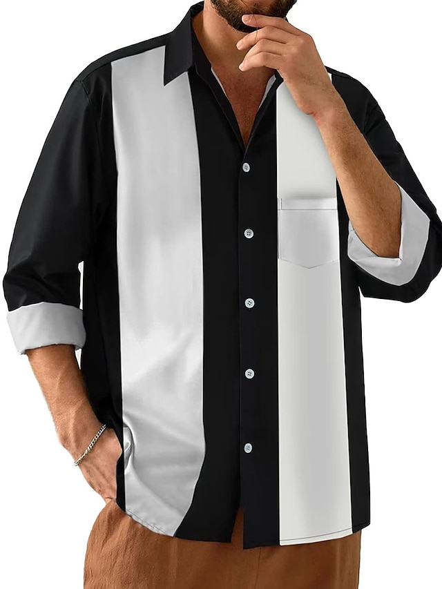  Men's Shirt Summer Shirt Button Up Shirt Casual Shirt Bowling Shirt Black Long Sleeve Color Block Lapel Street Vacation Pocket Clothing Apparel Fashion 1950s Leisure Hawaiian