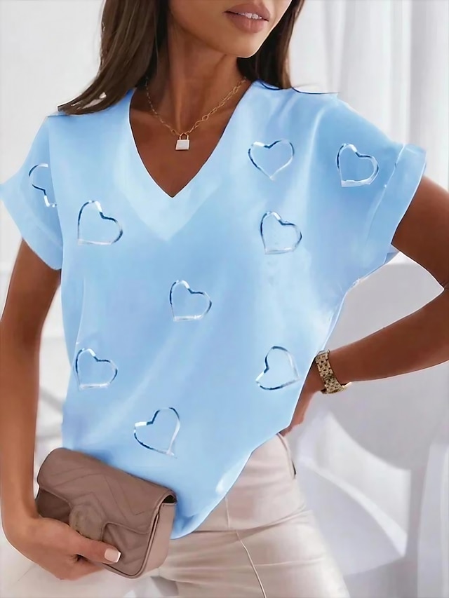  Γυναικεία Μπλουζάκι Μπλούζα Καρδιά Στάμπα Causal Βασικό Dolman μανίκια Κοντομάνικο Λαιμόκοψη V Λευκό