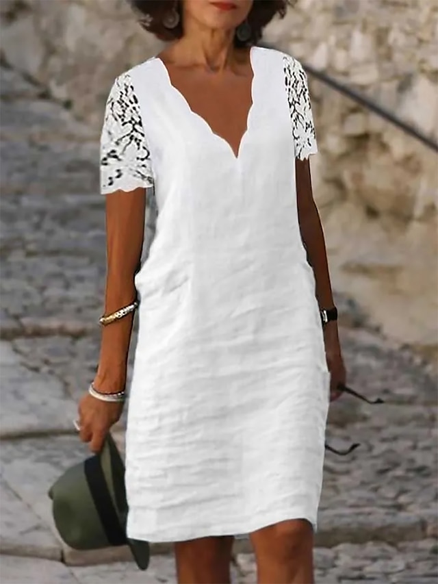  Women's White Dress Casual Dress Cotton Linen Dress Midi Dress Contrast Lace Lace Daily Vacation V Neck Short Sleeve Summer Spring White Plain