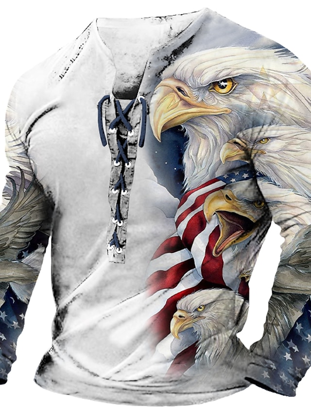  Herren-3D-Schnürshirt zum Unabhängigkeitstag | weiße Sommerbaumwolle | Grafik-Modedesigner, bequemes Herren-T-Shirt mit 3D-Druck, lässig, täglich, zum Ausgehen, blau, lila, langärmlig