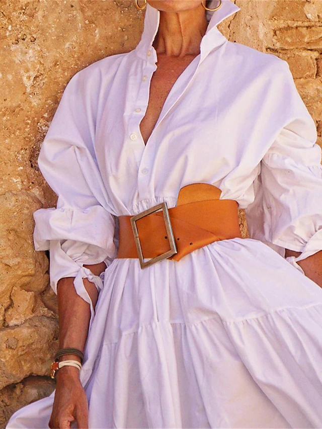 Women's White Dress Shirt Dress Casual Dress Maxi long Dress Outdoor ...