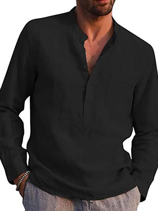 Men's Shirt Linen Shirt Maroon Shirt Solid Color V Neck White Black ...