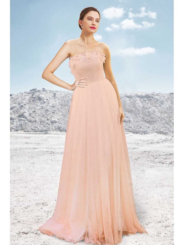 A-Line Evening Prom Dress Elegant Dress Formal Sweep / Brush Train Sleeveless Sweetheart Tulle with Pleats Sequin Appliques main image 0