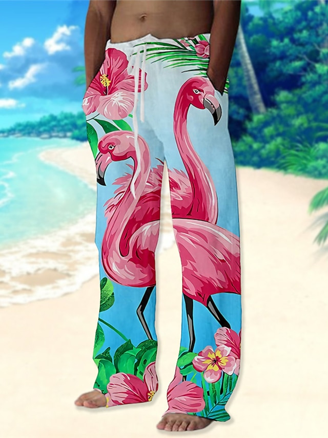  Herren Hose Hosen Sommerhosen Strandhose Kordelzug Elastische Taille Gerade geschnitten Tier Flamingo Grafik-Drucke Komfort Casual Täglich Festtage Strassenmode Hawaiianisch Rosa Blau