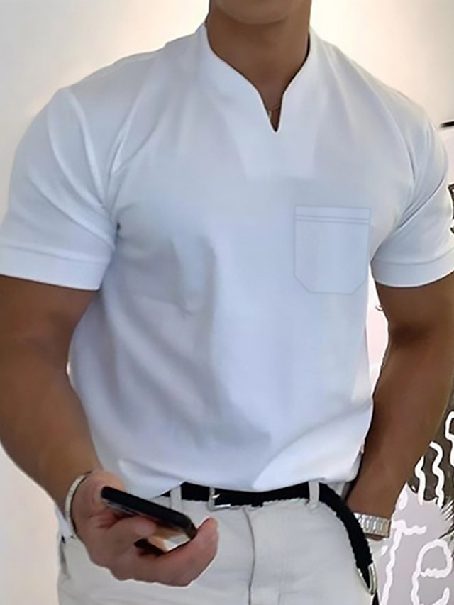  男性用 Tシャツ ティートップ 平織り Ｖネック バケーション お出かけ 半袖 ボタン フロントポケット 衣類 ファッション デザイナー ベーシック