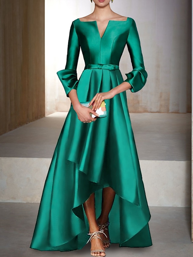  A-Line Evening Gown Elegant Dress Red Green Dress Formal Wedding Guest Floor Length 3/4 Length Sleeve V Neck Satin with Bow(s) 2024