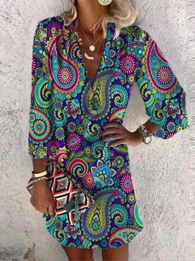  Women's Paisley Print V Neck Midi Dress Bohemia Daily Summer Spring