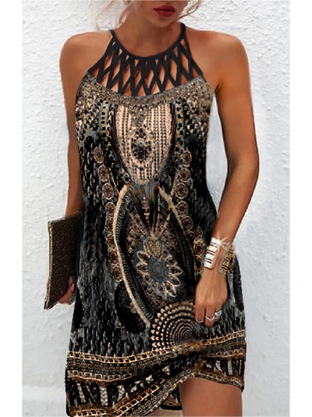  Dam Mini klänning Vardagsklänning Etnisk klänning Boho-klänning Halter Neck Klänning Mode Klassisk Ledigt Semester Dagligen Helgdag Normal Geometrisk Mönster Ärmlös Rund hals Halterneck Svart Blå Grön