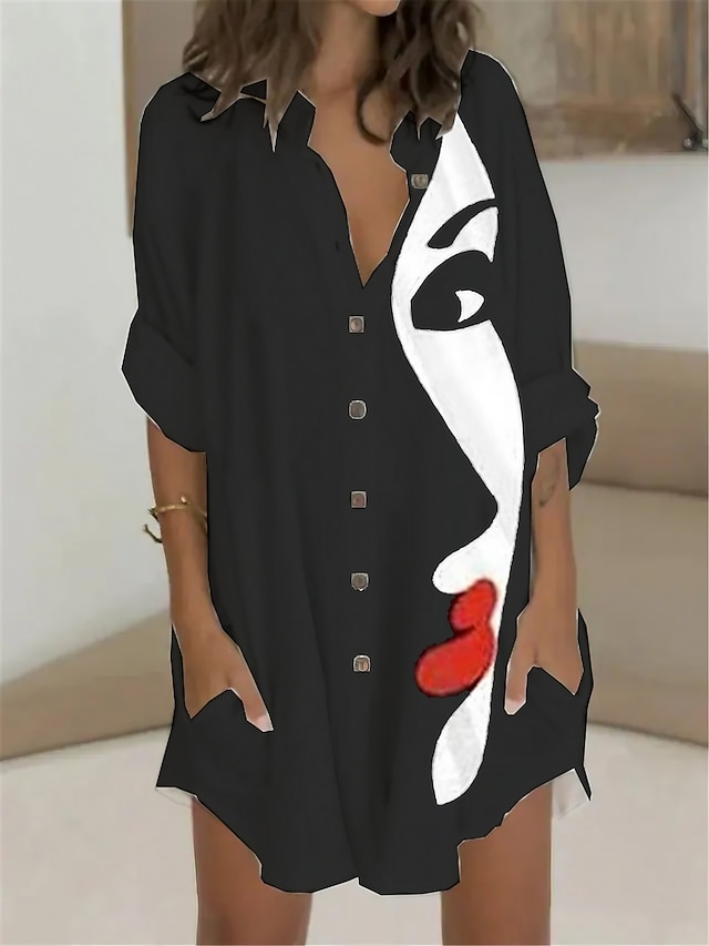  Women's T Shirt Dress Casual Dress Shift Dress Mini Dress Outdoor Daily Vacation Polyester Fashion Casual Stand Collar Button Pocket Long Sleeve Summer Spring Fall 2023 Regular Fit Black White Red