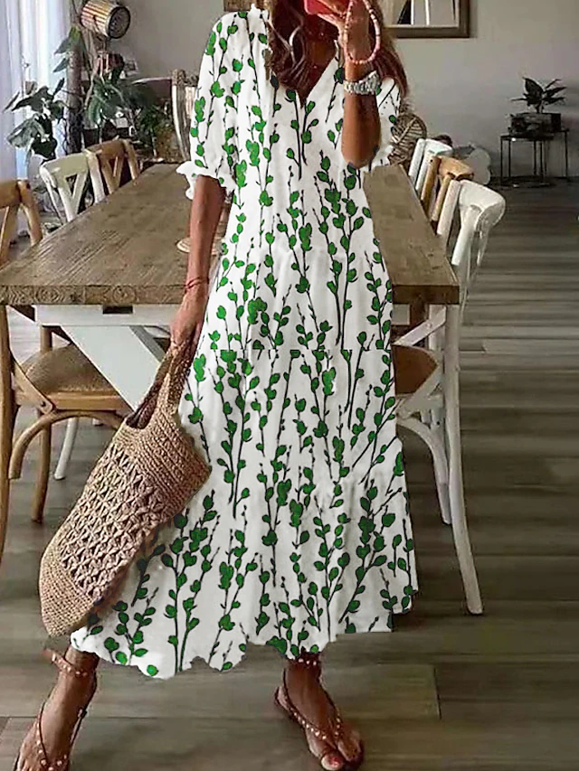 Women's Casual Dress Shift Dress Long Dress Maxi Dress White Green Half ...