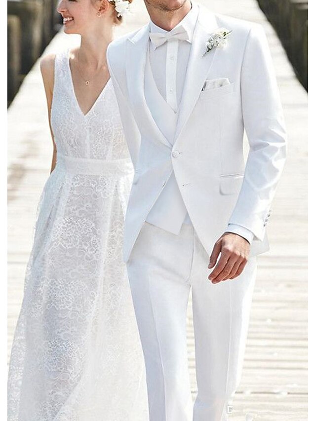 Men's Wedding Beach Wedding Suits Notch White Solid Colored Tailored Fit 3 Piece Single Breasted Two-buttons4
