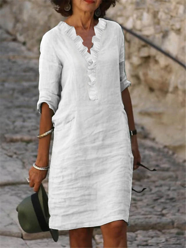 Women's White Cotton Linen Dress Sundress Knee-Length Dress V-Neck with ...