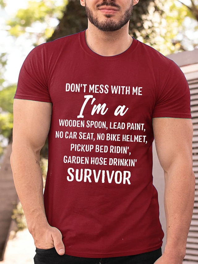  Grafisches Herrenhemd mit Buchstabendrucken, Schwarz, Wein, Marineblau, T-Shirt aus Baumwollmischung, einfach, modern, zeitgenössisch, kurze Ärmel, Leg dich nicht mit mir an, Survivor, lässig, Rot