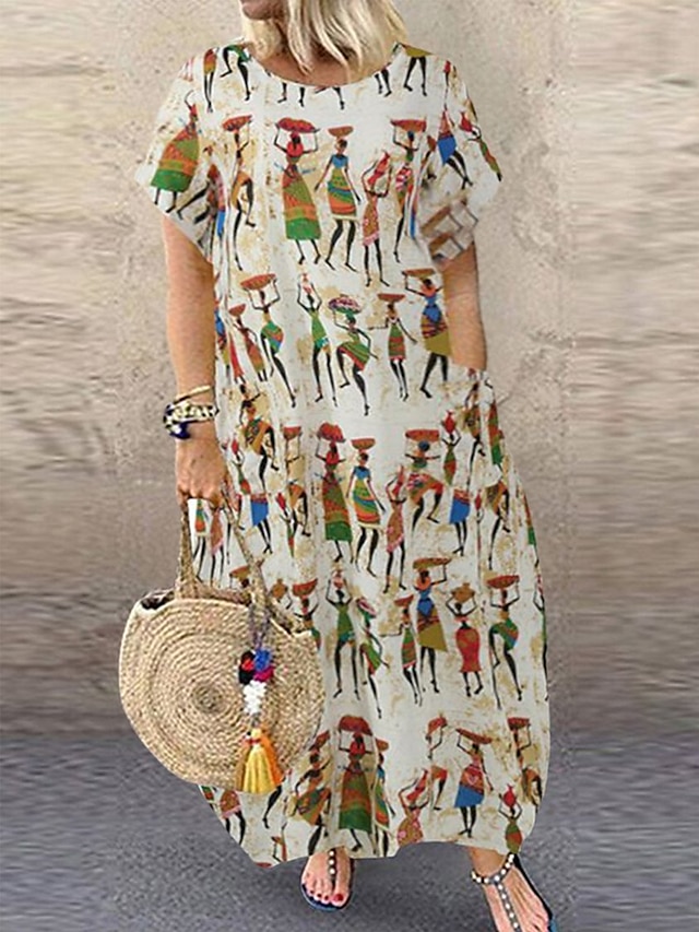  женское повседневное платье большого размера с изгибом платье-трапеция длинное платье с графикой макси-платье с коротким рукавом и карманом с принтом с круглым вырезом модное повседневное цвет хаки