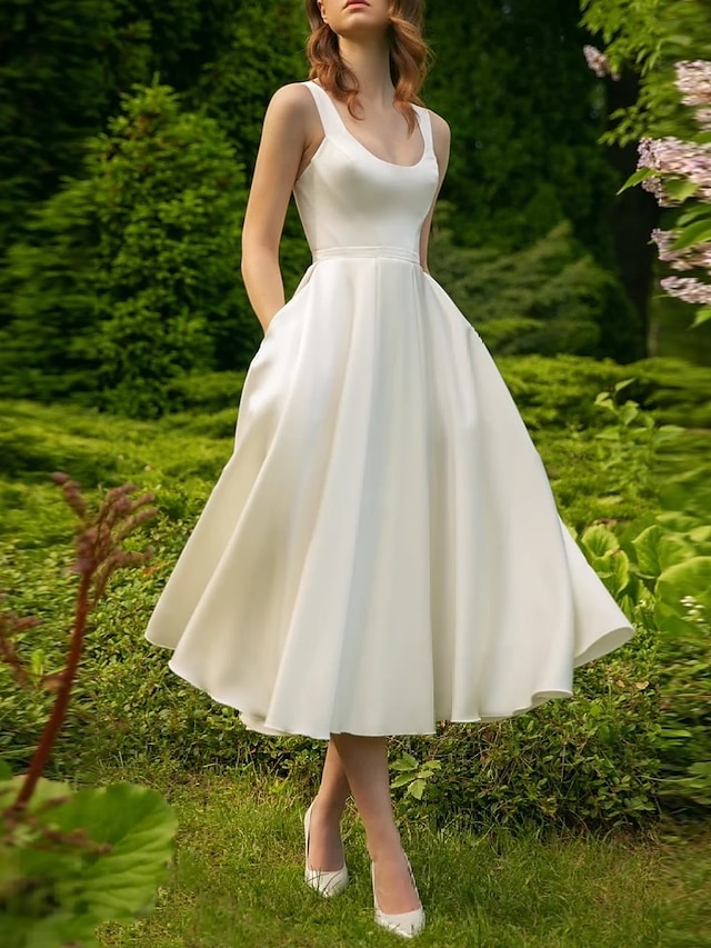  Hall Little White Dresses Wedding Dresses A-Line Scoop Neck Sleeveless Tea Length Satin Bridal Gowns With Pleats Solid Color 2024