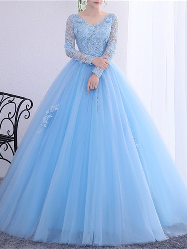  Βραδινή τουαλέτα Φορέματα Quinceanera Πριγκίπισσα Φόρεμα Επίδοση Κουινσανέρα Μακρύ Μακρυμάνικο Λαιμόκοψη V Polyester με Κρυστάλλινη λεπτομέρεια Διακοσμητικά Επιράμματα 2024