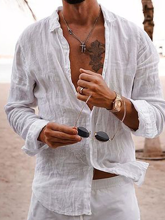  رجالي قميص كتان قميص غير رسمي قميص صيفي قميص الشاطئ أسود أبيض وردي بلاشيهغ كم طويل سهل Lapel للربيع والصيف ستايل هاواي مناسب للعطلات ملابس أساسي