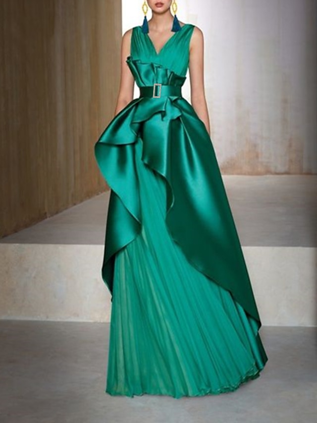  A-Linie Večerní šaty Elegantní Šaty Formální Svatební host Na zem Bez rukávů Do V Šifón s Pásek Volány 2024