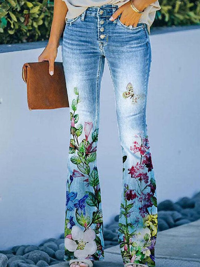 Women's Jeans Bootcut Faux Denim Print High Waist Full Length 1 Fall ...