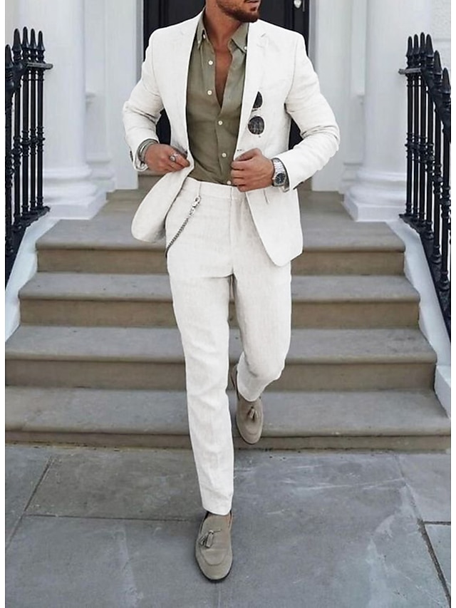 White Men's Beach Wedding Suits Solid Colored 2 Piece Tailored Fit ...