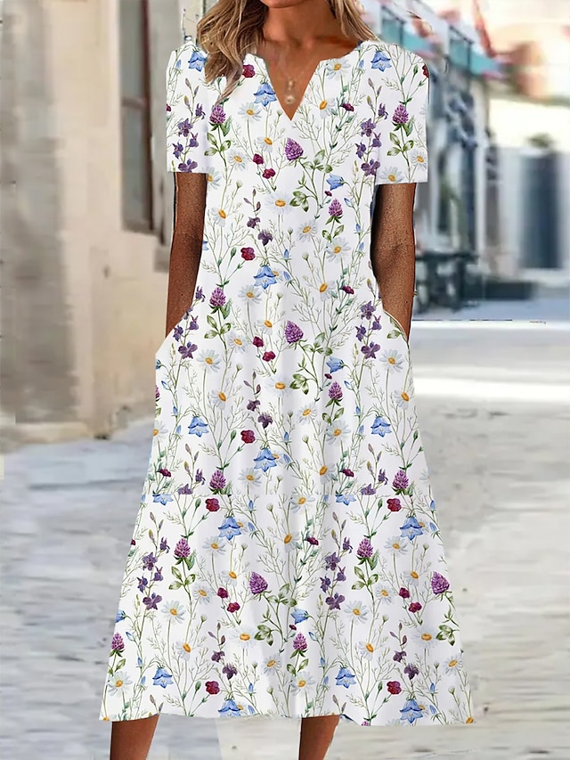 Women's Shift Dress Floral Pocket Print V Neck Midi Dress Date Vacation ...