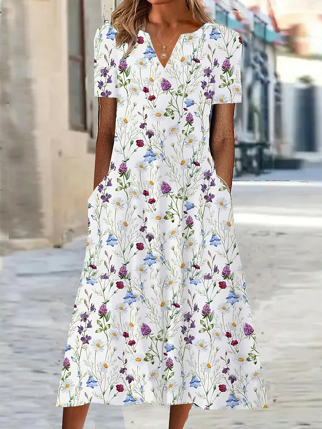 Women's Shift Dress Summer Dress Floral Pocket Print V Neck Midi Dress ...