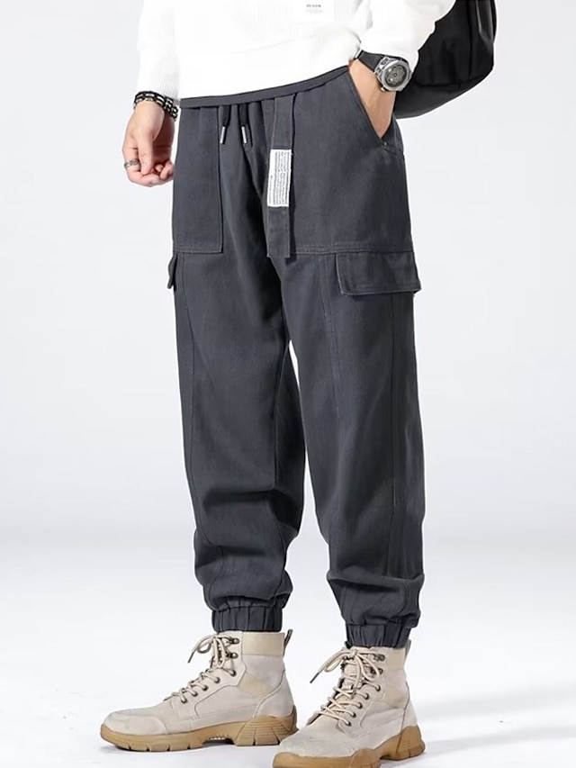  Men's Cargo Pants Trousers Drawstring Elastic Waist Multi Pocket Letter Comfort Wearable Casual Daily Holiday Sports Fashion Black Green