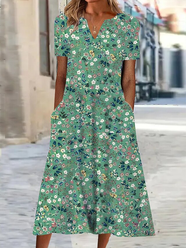  Per donna Abito Midi Abito a Tubino Abito Estivo Abito Stampato Attivo Moda Streetwear All'aperto Vacanza Data Vestibilità regolare Floreale Manica Corta Scollo a V Blu Verde Grigio Estate Primavera