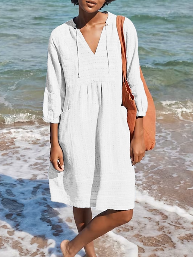 Women's Cotton Linen Midi Dress V-Neck 3/4 Sleeve Pockets Summer Spring ...