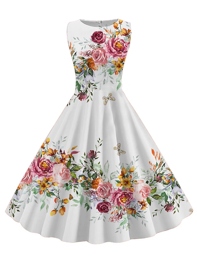  Dámské Nabírané šaty Tisk Vintage šaty Midi šaty Elegantní Vinobraní Květinový Tričkový Bez rukávů Denní Dovolená Léto Jaro Bílá