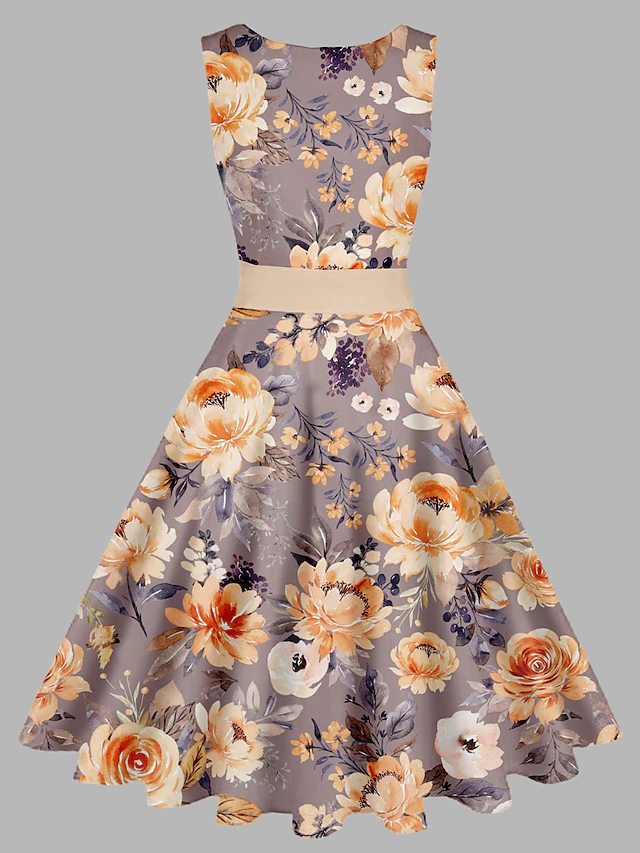 Women's Vintage Elegant Vintage Tea Dresses Midi Dress Daily Date Ruched Print Floral Crew Neck Sleeveless Slim Summer Spring 2023 Yellow Blue S M L XL 5