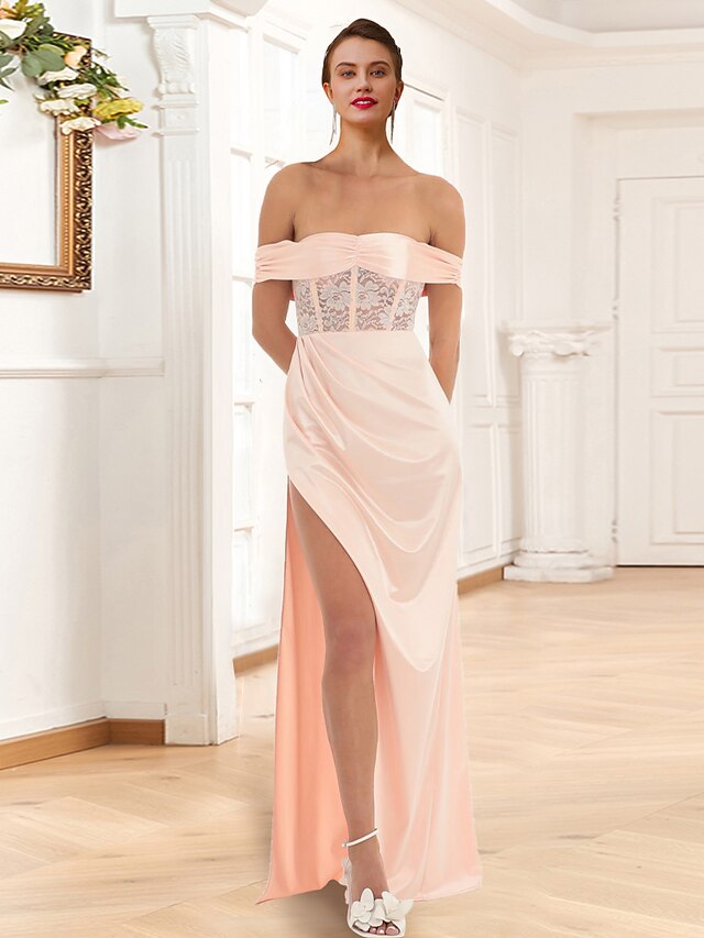 Mermaid / Trumpet Prom Dresses Elegant Dress Prom Birthday Floor Length Sleeveless Jewel Neck Lace with Fringe Tassel Slit