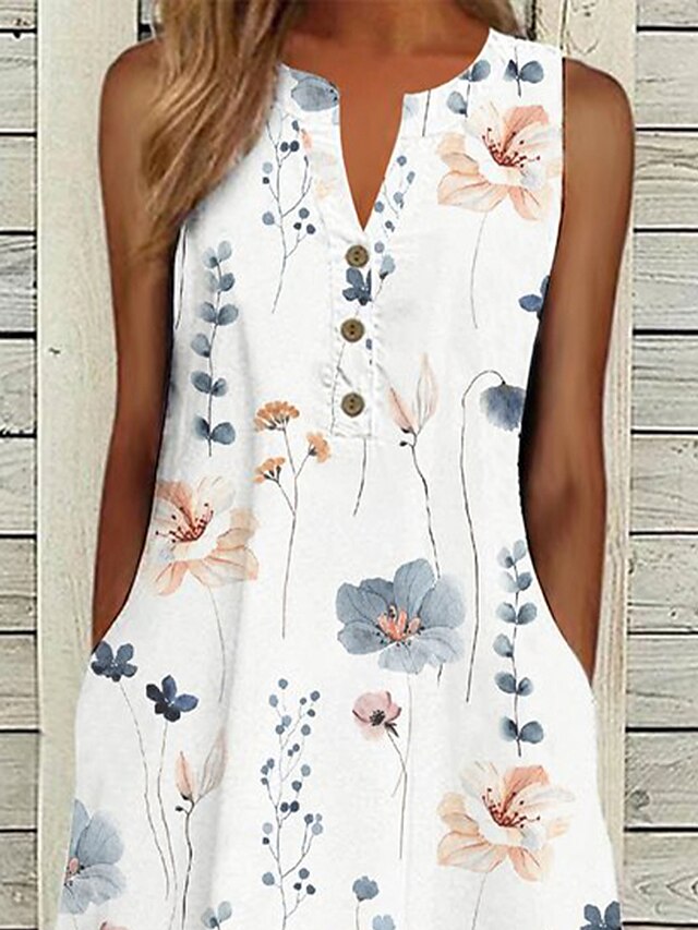 Women's Casual Dress Tank Dress Summer Dress Floral Button Pocket V ...