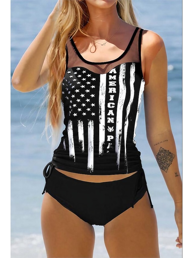  Women's Swimwear Tankini 2 Piece Normal Swimsuit Mesh Patchwork 2 Piece Printing American Flag Black Tank Top Bathing Suits Sports Beach Wear Summer