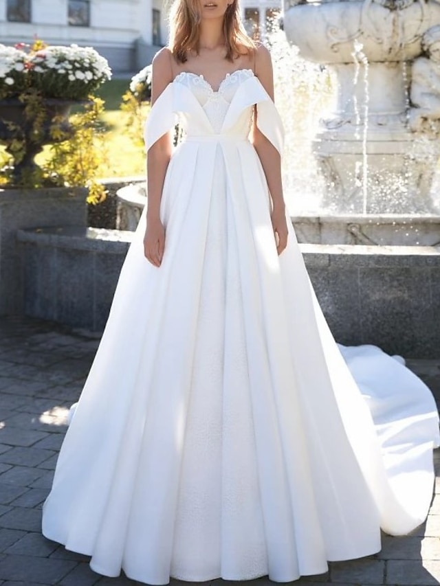 Formal Wedding Dresses Ball Gown Square Neck Short Sleeve Chapel Train Satin Bridal Gowns With Solid Color main image 1