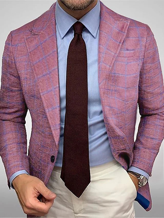  Men's  Casual Plaid Blazer & Jackets Vintage Business Lightweight Blazer Slim Fit Notched Lapel Single Breasted Sport Coats Wine Blue 2024