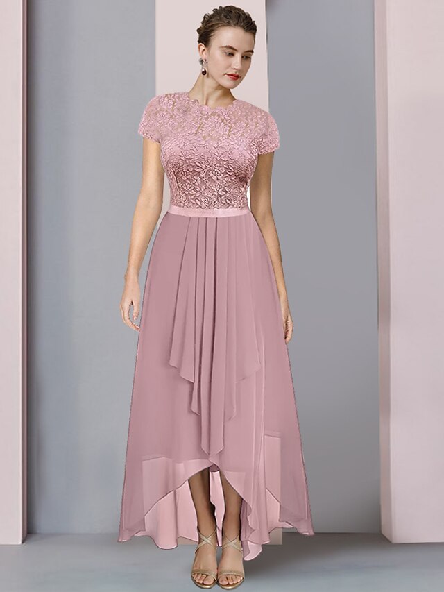 A-Line Mother of the Bride Dress Formal Wedding Guest Elegant Party High Low Scoop Neck Asymmetrical Tea Length Satin Lace 3/4 Length Sleeve with Bow(s) Pleats main image 0
