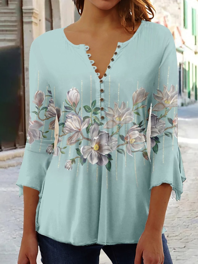 Women's Shirt Blouse Pink Blue Green Floral Button Print 3/4 Length ...