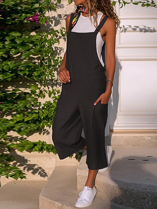 Black Jumpsuit for Women Utility Overall Pocket Solid Color U Neck Streetwear Daily Vacation Regular Fit Strap Wine Army Green S M L Summer Fall 7