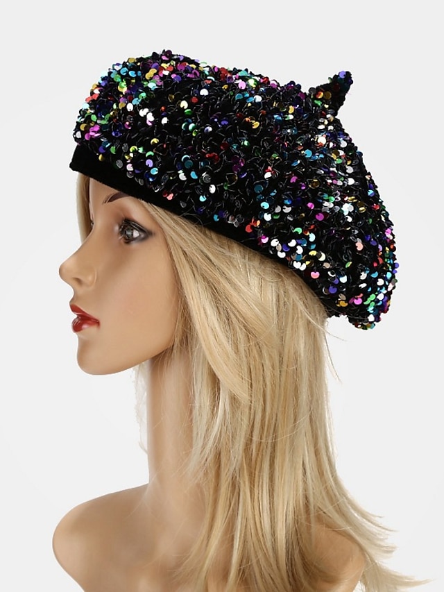  Popular Sequins Painter Hat Female Korean Version Trendy Beret Pub Party British Retro Octagonal Hat