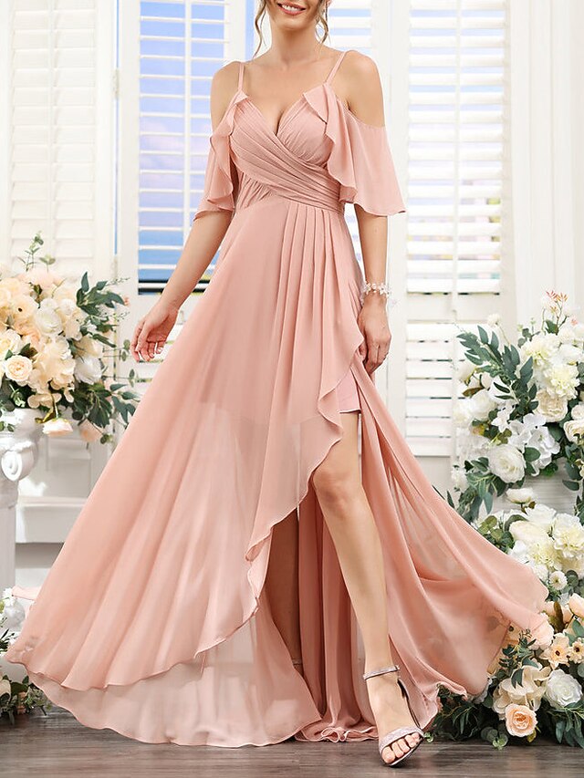 A-line Bridesmaid Dresses with Spaghetti Straps and Slit Blushing Pink