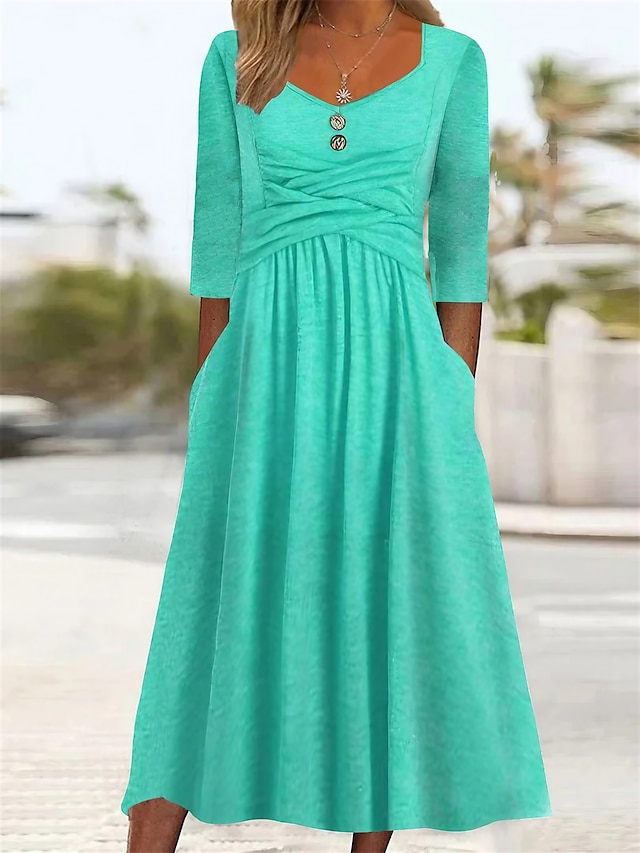 Women's Casual Dress Summer Dress Pleated Dress Plain Ruched Button V ...