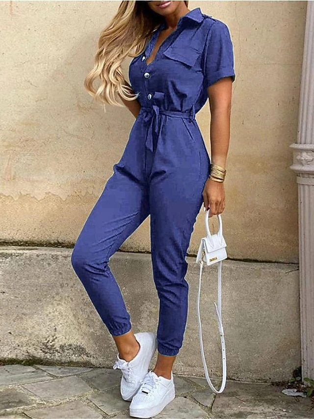 Women's Jumpsuits Casual Summer Button Solid Color Shirt Collar Streetwear Daily Vacation Regular Fit Short Sleeve Pink Wine Navy Blue S M L 8