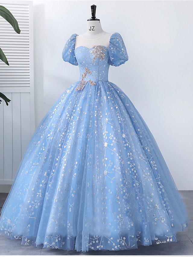  נשף שמלות Quinceanera נסיכות שמלה הצגה יום הולדת 16 עד הריצפה שרוולים קצרים צווארון מרובע פוליסטר עם פרטים מפנינה אפליקציות 2024