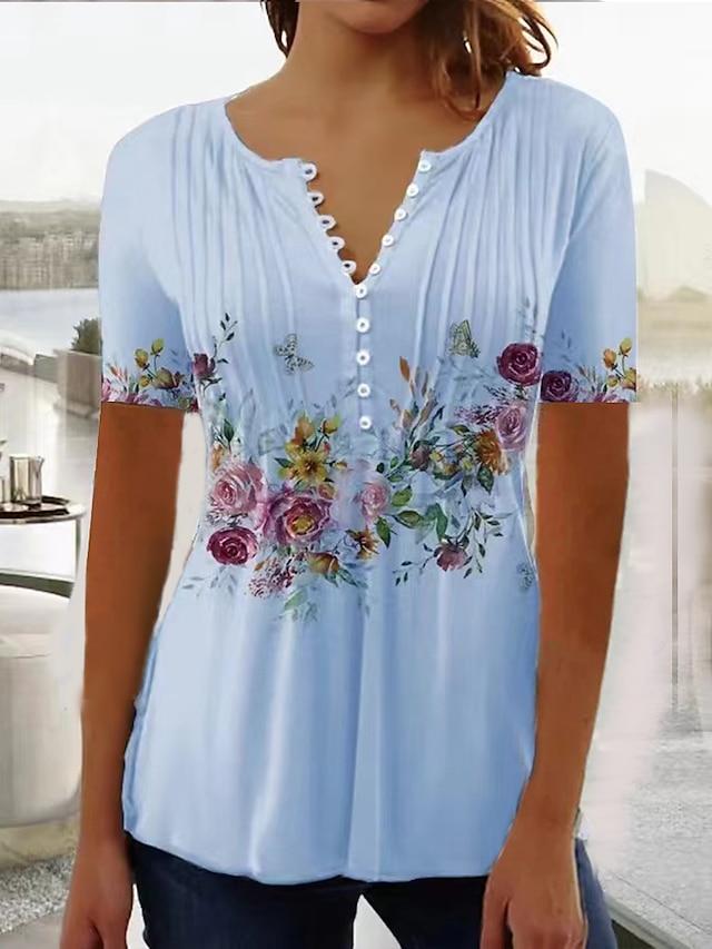 Women's Shirt Henley Shirt Blouse Floral Button Print Casual Holiday ...