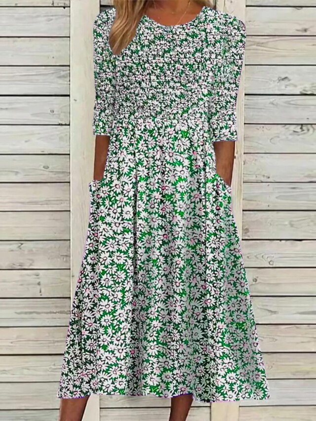 Tenue Décontractée Robe à Fleurs Robe Dété Femme Floral Imprimer Ruché Col Ras Du Cou Mode 5793