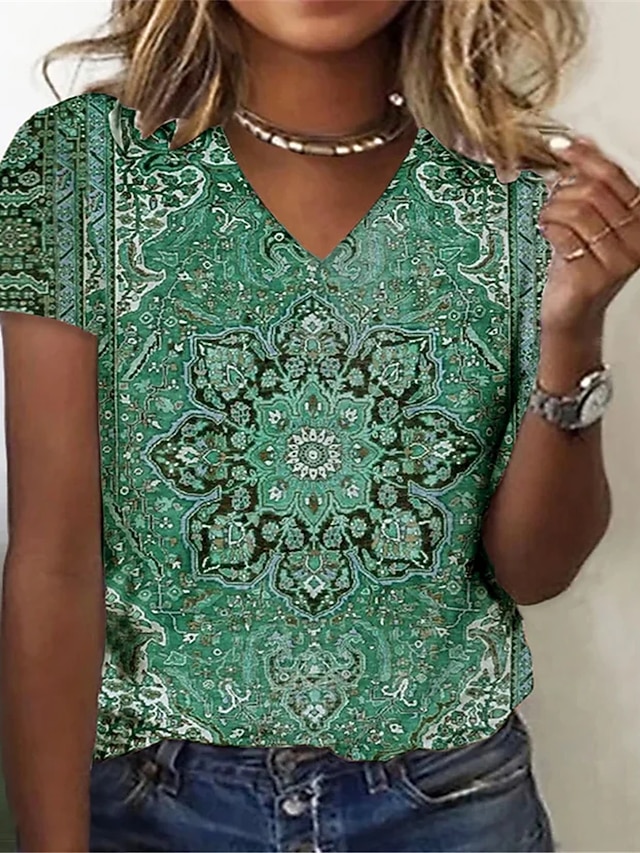 Tee shirt ethnique femme coton vert anis rouge avec motif marque COLINE