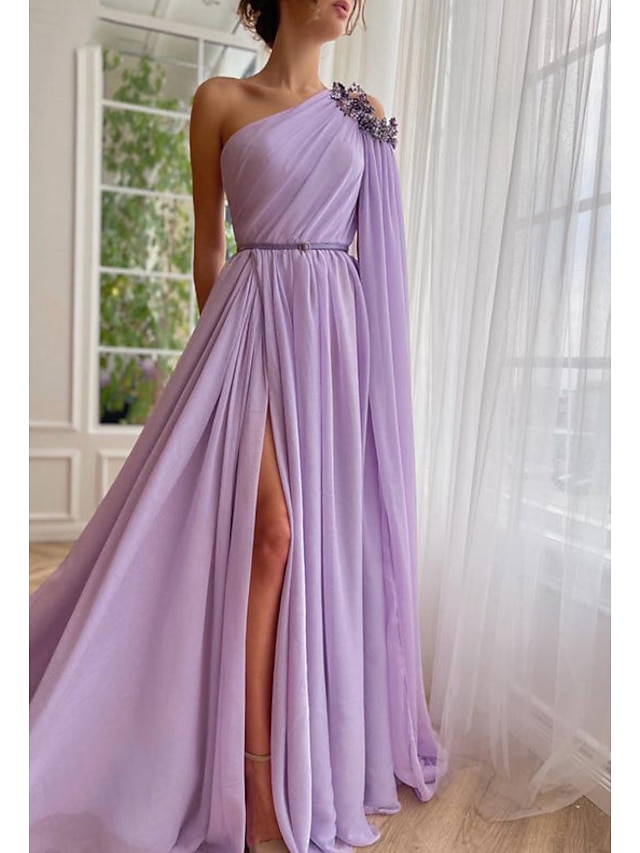  A-Line Evening Gown Elegant Dress Formal Wedding Guest Sweep / Brush Train Sleeveless One Shoulder Capes Chiffon with Slit Shawl 2024