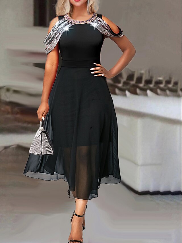 Women‘s Wedding Guest Dress Party Dress Black Dress Midi Dress Black