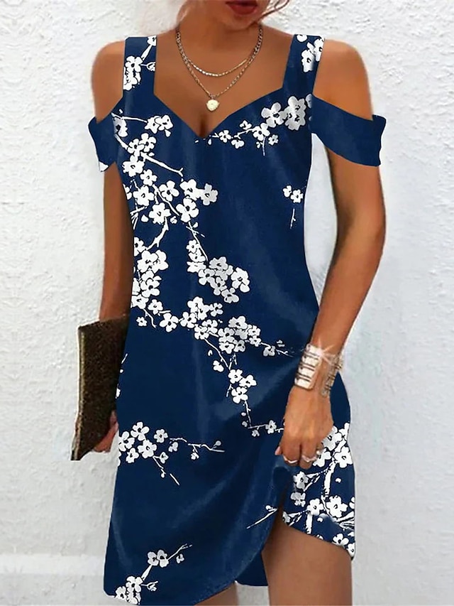  Γυναικεία Σλιπ Φόρεμα Φλοράλ Στάμπα Τιράντες Μίνι φόρεμα Καθημερινά Κοντομάνικο Καλοκαίρι Άνοιξη